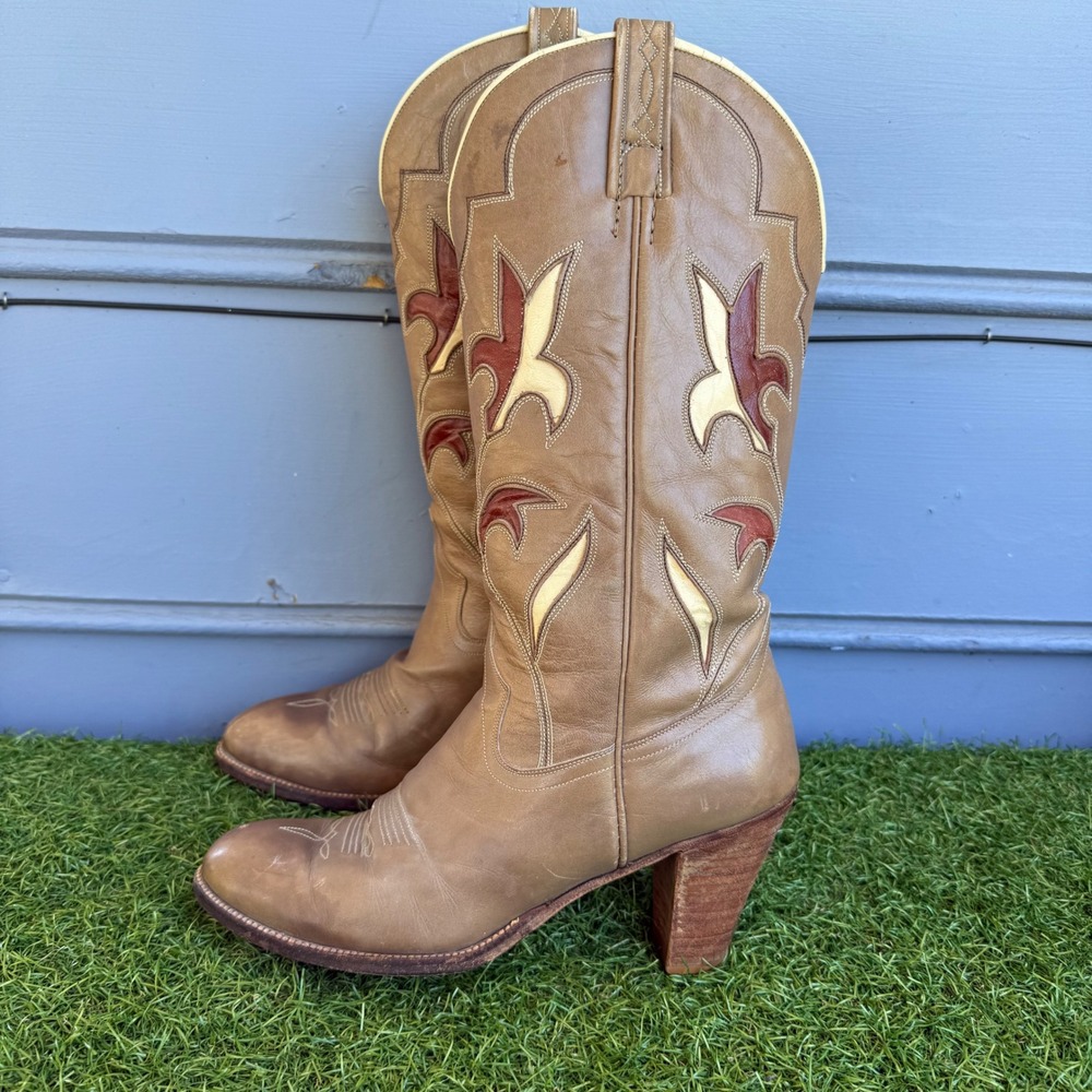 Vtg 80s Dan Post Leather Western Flower Cowboy Boots Womens 7 M Inlay Block Heel